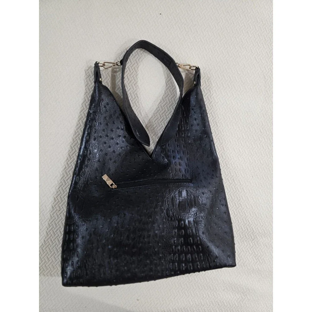 Edgy Goth Grunge Black Faux Leather Mixed Texture Slouchy Hobo Bag Lace Up Tote